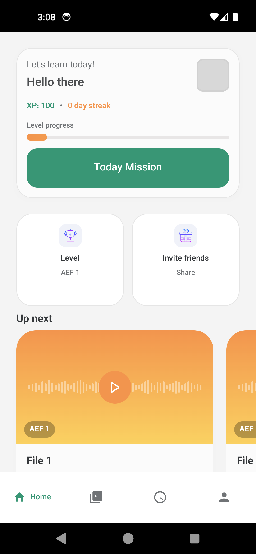AI Lingua home screen showing course progress