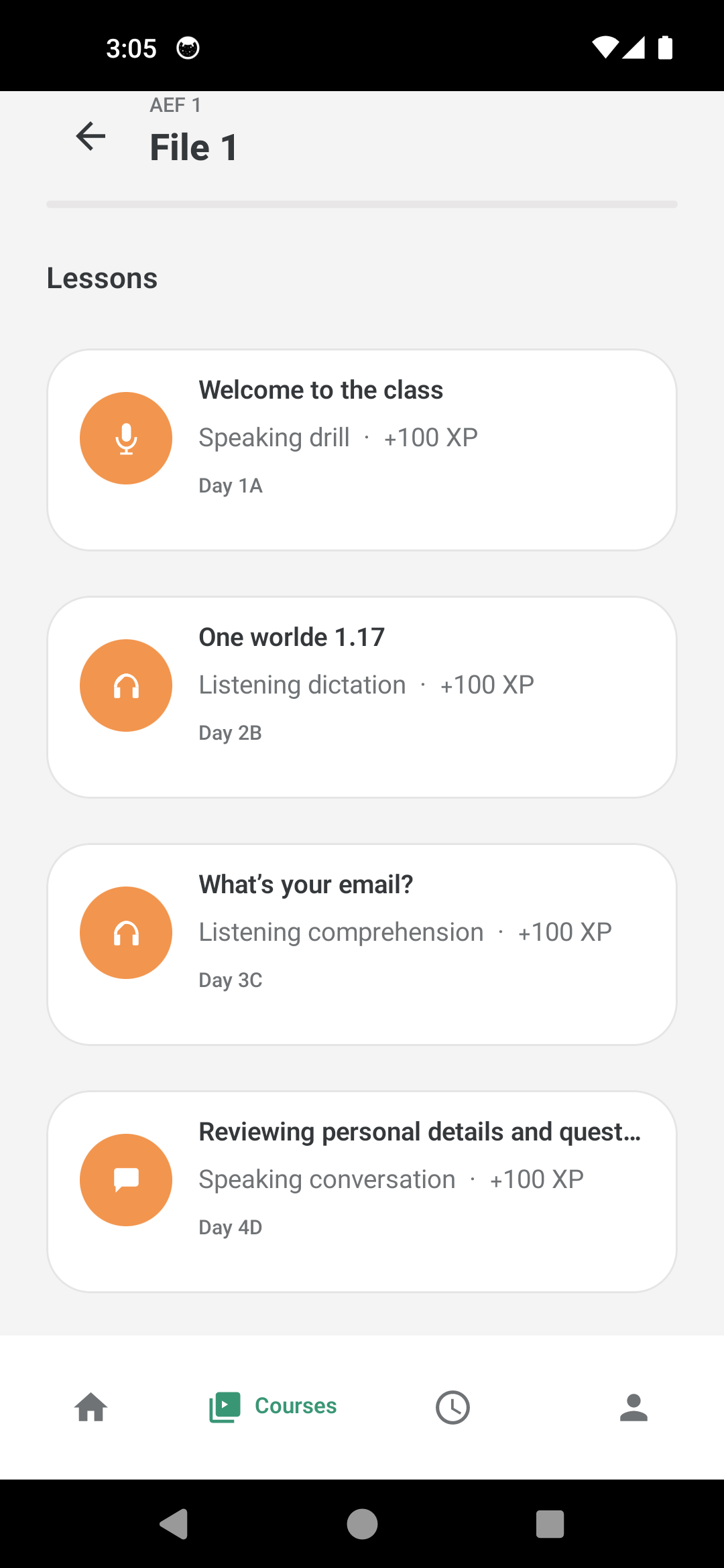 Lesson list with mission types: speaking, listening, conversation, quiz