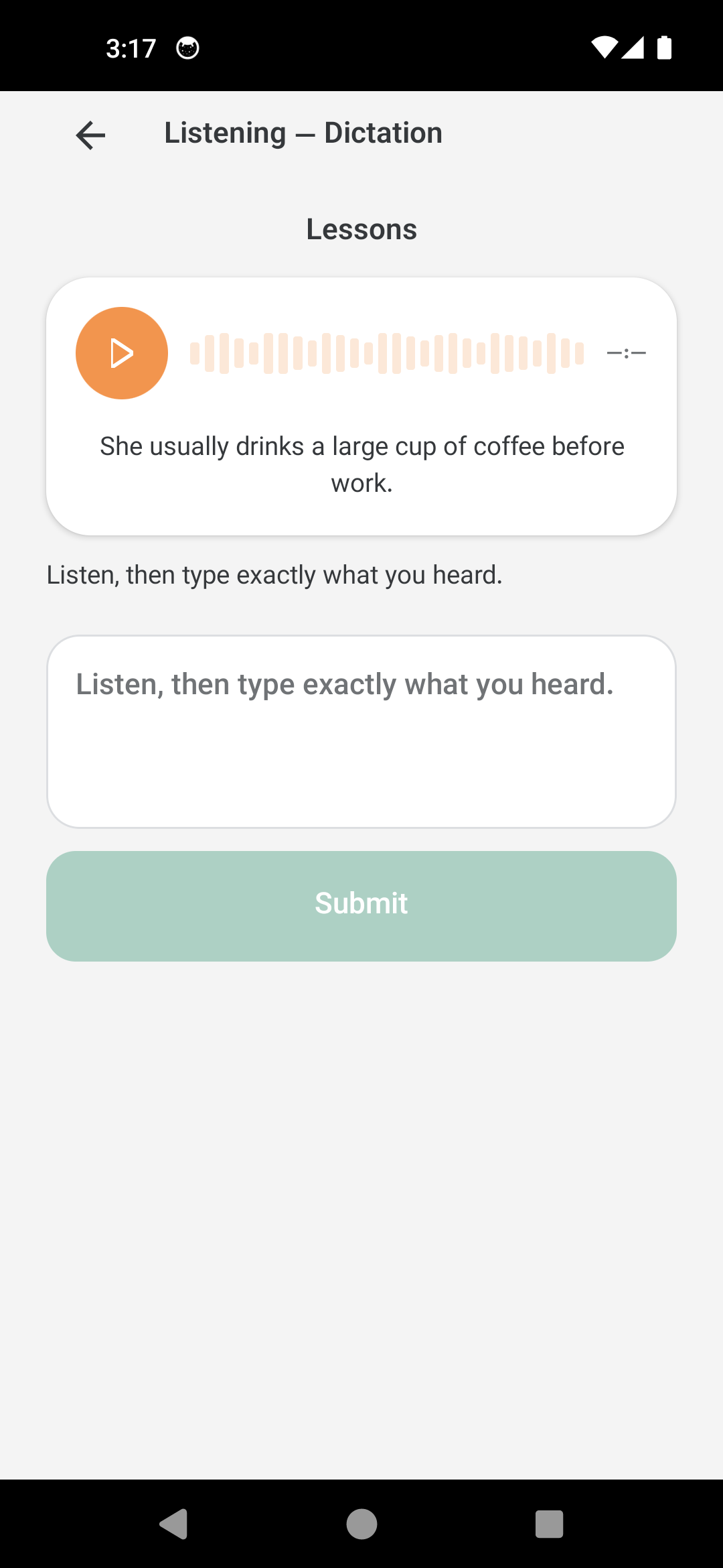Listening mission with audio player and answer feedback